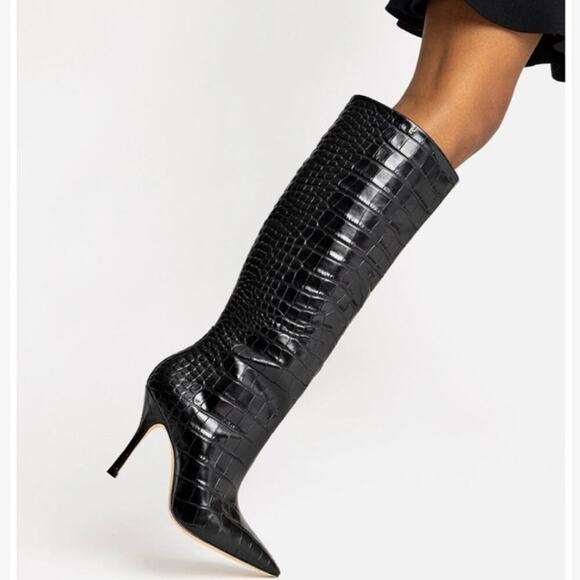 NWOB Larroude Kate Black Croc Stamped Leather Knee High Boots Size 6 - Picture 2 of 10